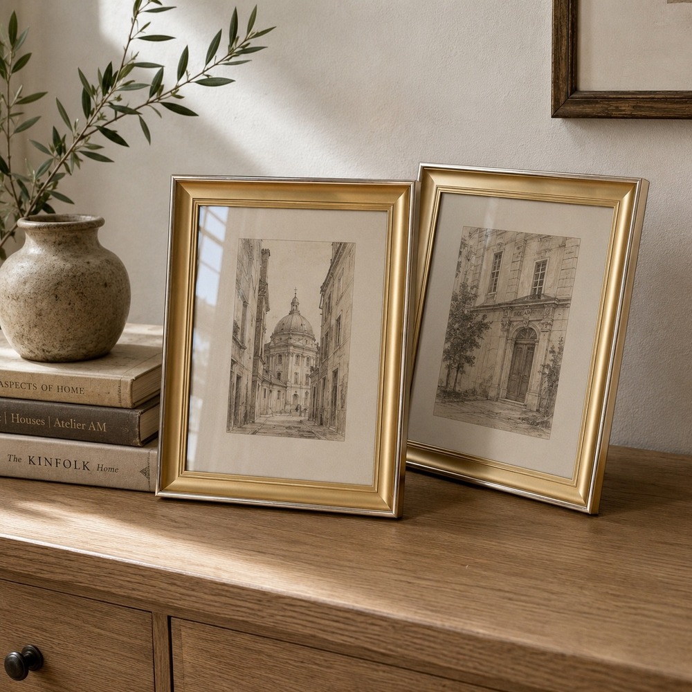 Set of 2 Gold Toned Metal Picture Frames 8x10 Classic Home Decor Tabletop 70s